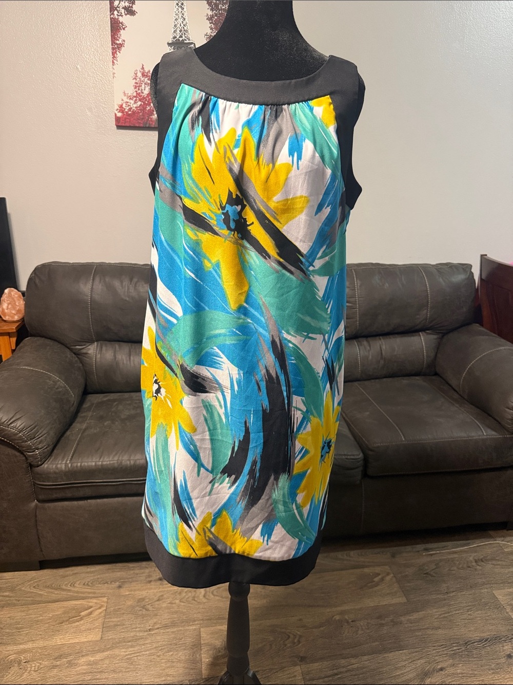 dressbarn Turquoise, Yellow & Black Floral Sleeveless Dress